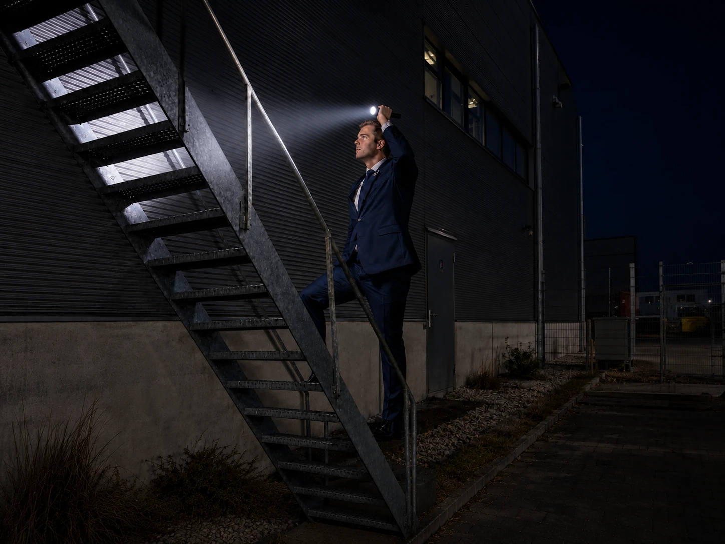 Beveiliger controleert een bouwterrein in de avond met zaklamp